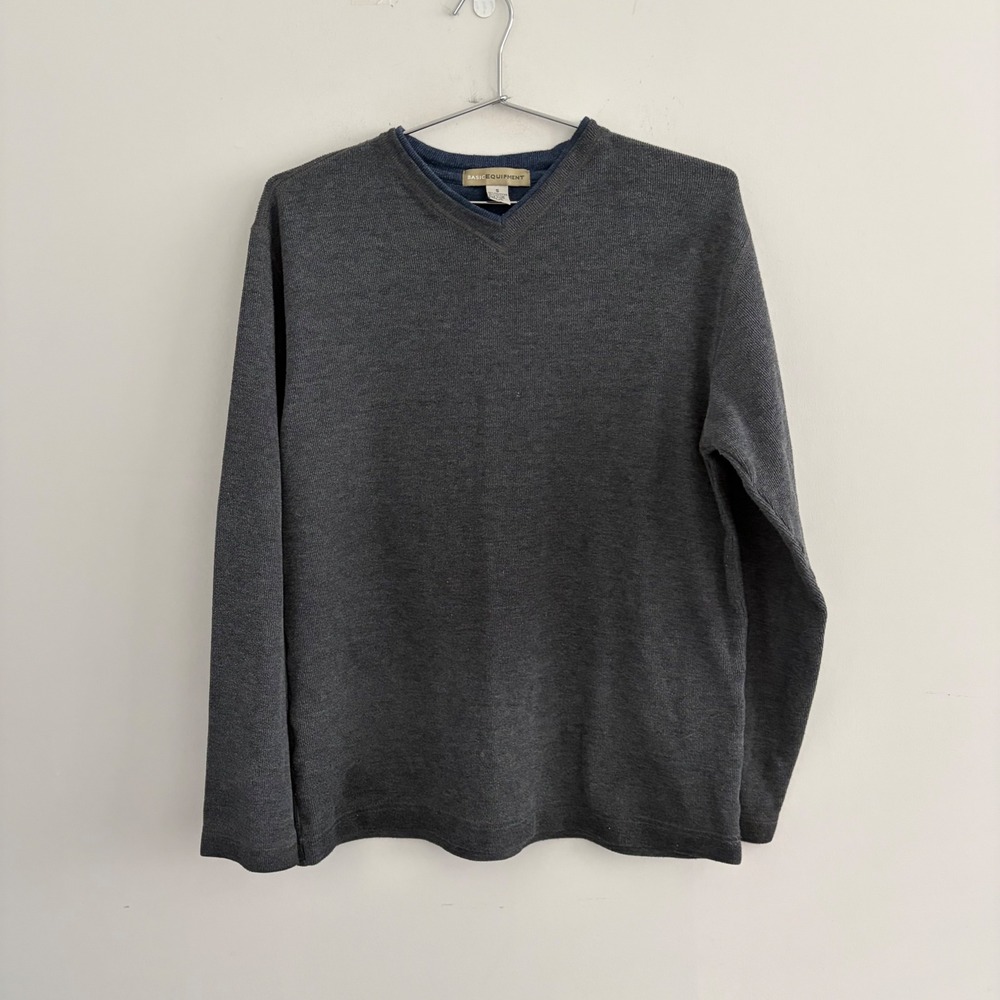 Basic Equipment Mens V-Neck Long Sleeve Ribbed Knit Pullover Top Gray Small